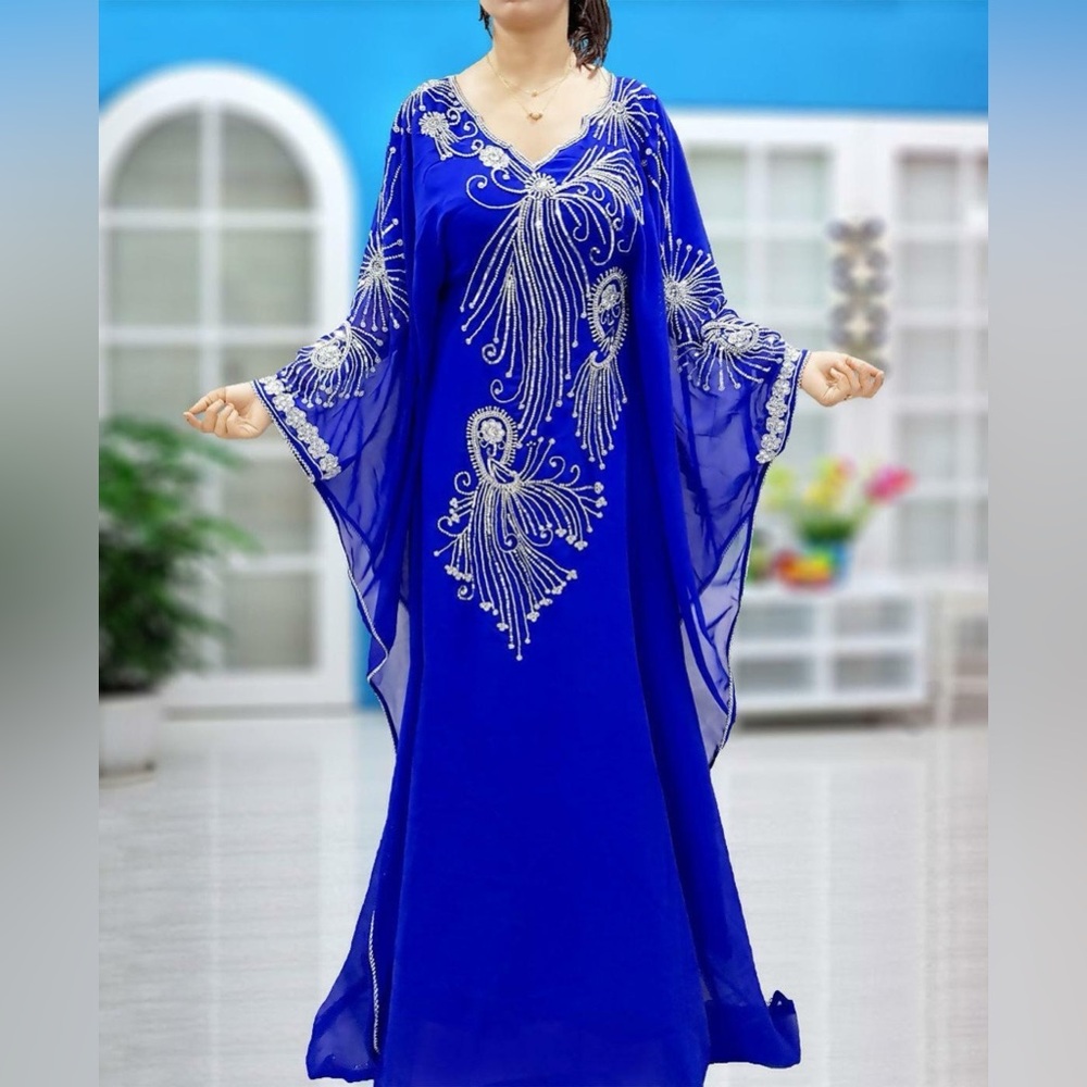 NWT Farasha Abaya plus size evening gown. Beautiful blue w/ silver beading. XXL